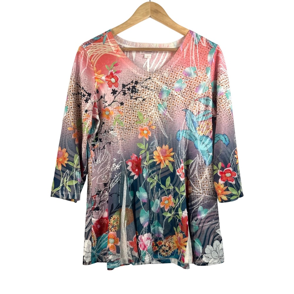 Kamana Floral Bird Tunic Top M Multicolor Artistic Whimsical 3/4 Sleeve Knit